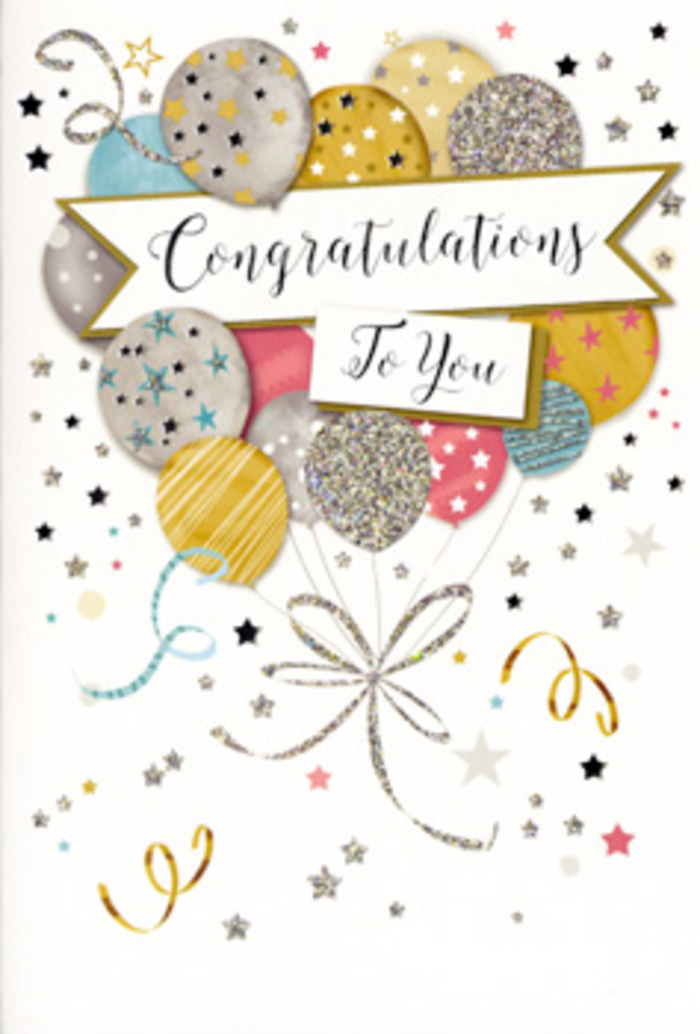 The congratulations card in this image evokes the spirit of a refined celebration, the sort of polished joy you might feel during a family gathering after good news is shared in a home just off Ilford Lane. Dominating the front is a lush cluster of illustrated balloons, layered so they overlap and create a sense of depth, as if rising slowly toward the top edge of the card. The colour palette is elegantly restrained yet festive: soft gold and muted champagne mingle with gleaming silver, cool sky blue, delicate blush pink, and gentle grey. Each balloon carries its own intricate decoration-tiny metallic stars that look like they were sprinkled on, slender vertical stripes, and subtle glitter-like textures suggesting a slight roughness to the touch. From the base of this balloon bouquet trail thin ribbons in gold and silver, curling and looping with a calligrapher's flair, visually tying the composition together. A prominent banner sweeps across the middle, almost like a ribbon on a luxury bouquet, with the phrase Congratulations To You written in graceful, looping script that feels timeless rather than trendy. Surrounding the main elements are scattered stars, dots, and swirling lines, echoing confetti tossing and ribbon unfurling at a party. The background is soft and quiet, allowing the metallic tones and intricate linework to stand out. As a florist serving Ilford and nearby areas like Seven Kings, I'm reminded of how clients often pair a special card like this with elegant lilies or roses to celebrate a promotion, exam success, or new beginnings. The design is ideal for same-day delivery with flowers, creating a complete gesture of pride, affection, and shared happiness.