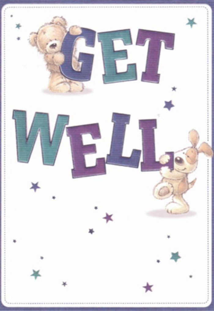 An endearing get well card illustration captures the tender spirit of cheering up a loved one in Ilford, much like sending a bright, uplifting bouquet on a grey afternoon. The design is set on a pure white background that feels fresh and spacious, giving every element room to breathe. At the centre, the phrase GET WELL is written in big, chunky letters with smooth, rounded edges, shaded in rich purples and teals that blend into lighter aquas, creating a gentle three-dimensional effect. The colours echo the cool, calming tones of a serene floral arrangement, bringing a sense of quiet reassurance. Balanced playfully around this text are two charming characters: a cuddly teddy bear and a floppy-eared puppy. The bear sits snugly on top of the word GET, its golden-brown, slightly textured fur illustrated with subtle strokes that suggest softness under your fingertips. Its tiny paws curl over the letters, and its face, with bright eyes and a small curved smile, radiates simple kindness. Below, the puppy cuddles up close to the word WELL, its long, fold-over ears framing its face in a way that feels both comical and deeply comforting, like a faithful friend resting its head on your knee. Scattered around them are star shapes and starbursts in a mix of blue, indigo, and violet tones, some with crisp outlines and others softly faded, as if glowing gently in evening light over South Park. These stars punctuate the white space like whispered good wishes, adding movement without overwhelming the calm composition. The overall atmosphere is light, affectionate, and hopeful-perfect to accompany a delivery of fresh flowers making its way through Ilford's streets to someone who needs a lift in spirits.