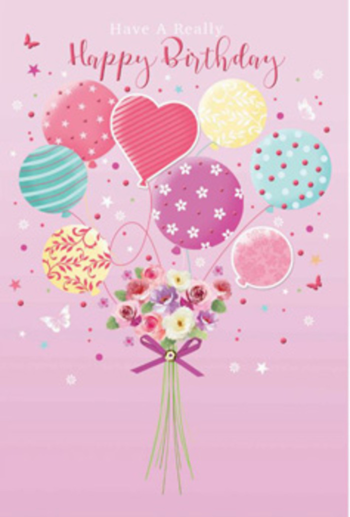 This whimsical birthday artwork depicts a pastel balloon bouquet lifting a hand-tied posy of flowers, as if the whole arrangement were floating above the tree tops of Valentine's Park in Ilford. The background is a soft, velvety pink wash that makes every colour in the design glow a little brighter. Rising from the centre is a cluster of balloons in delicate shades of rosy pink, mint and sea green, buttery yellow, and pale lavender. Each one is embellished with charming patterns: some wear curved stripes that ripple like streamers, others are sprinkled with tiny polka dots and confetti-like specks, and a few bear floral bursts that echo the bouquet below. A heart-shaped balloon anchors the composition emotionally, radiating gentle affection and birthday warmth. At the base, a petite bouquet of roses and daisy-like flowers gathers, tied tightly as if freshly arranged in a local Ilford flower shop. The roses are shaded from creamy ivory to blush and deeper rose, their petals soft and velvety, while the daisy-style blooms add a lighter, more playful texture. You can almost imagine the delicate fragrance-sweet, fresh, and comforting-rising from the clustered heads. A rich purple satin bow binds the stems, its surface catching the same soft light that gleams off the balloons above. Around the bouquet, tiny butterflies and scattering stars seem to flutter and sparkle, giving the sense of a birthday wish caught in mid-air. This scene feels both joyful and tender, like a carefully chosen card that accompanies a hand-delivered bouquet for a loved one's birthday in Ilford, thoughtfully designed to make them feel truly celebrated.