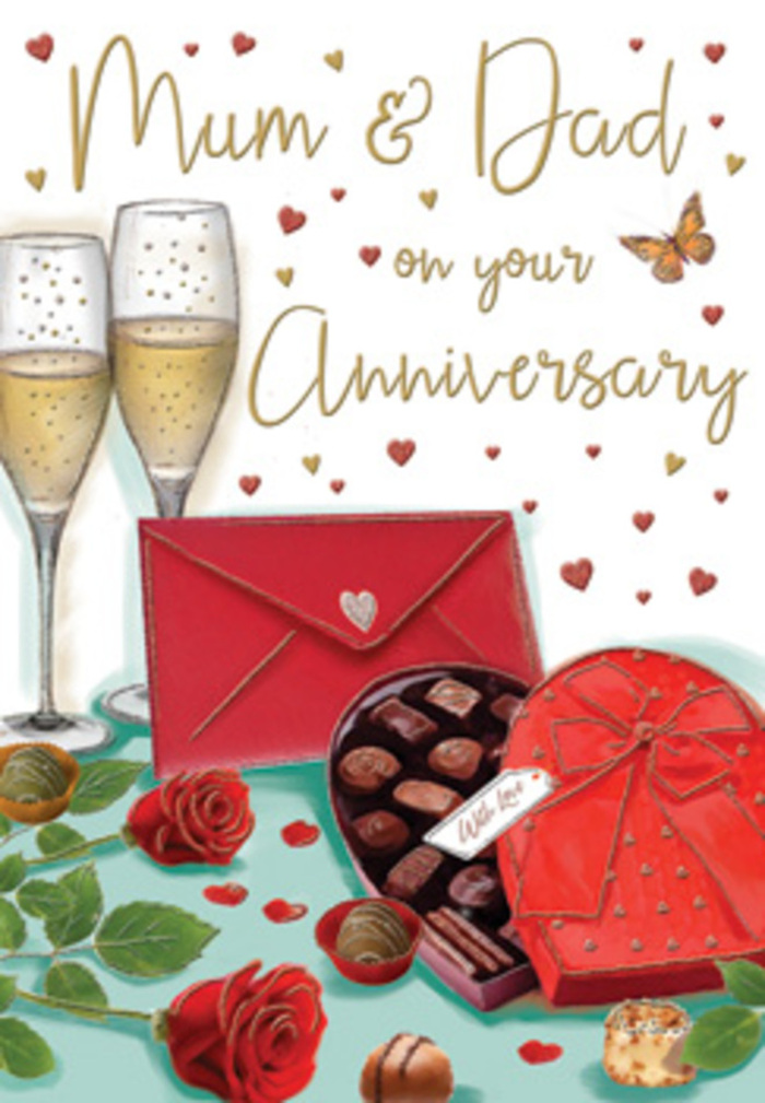 The anniversary card design unfolds like a carefully arranged still life, the kind you might see placed on a mantelpiece in an Ilford home after a family celebration. Dominating the centre are two slender champagne flutes, crystal-clear and delicately tapered, their bowls filled with effervescent golden champagne. Each glass captures tiny streams of bubbles, frozen mid-rise, creating a sense of movement and quiet joy. Resting in front of them, two deep red roses lie almost casually on the surface, yet their composition is artfully precise: velvety petals curl softly outward, layered in rich crimson, while smooth, glossy green leaves add contrast and depth, like a bouquet freshly chosen from a trusted florist near Ilford Exchange. To the right, an open heart-shaped chocolate box in a bold red shade takes pride of place. A generous, sculpted bow in matching red satin crowns the lid, its loops and tails meticulously illustrated to convey a sense of luxury. Inside, neat rows of chocolates-some domed, some square-shine with subtle highlights, as though their shells had just been polished. A few chocolates spill gently onto the tabletop, conjuring the idea of relaxed, unhurried sharing. Scattered across the background float tiny gold and red hearts, lending a whimsical, celebratory feel that recalls anniversary dinners in homes from Gants Hill to Barkingside. At the lower edge, a striking scarlet envelope lies partially tucked into the scene, suggesting a heartfelt message addressed to Mum & Dad, perhaps from children gathering to honour their parents' love story. The warm, ambient glow across the image ties together glass, roses, and ribbon, creating an atmosphere of gratitude, nostalgia, and enduring affection.