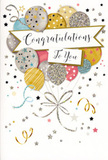 This congratulations card resembles a joyful balloon display frozen in time, like a moment of celebration captured before the last guests leave an Ilford party. The front is filled with a generous arrangement of illustrated balloons that seem to float upwards in a gentle arc. Their colours are rich yet soft-muted gold, brushed silver, warm champagne, powder blue, rosy pink, and pale grey-each balloon edged and detailed with glints of metallic ink. Some are dressed in dainty stars that sparkle across their surfaces, others in elegant stripes or delicate dots, evoking the same variety you see in a carefully curated bouquet. From their bases stream long, curling ribbons in gold and silver, looping downward and intertwining so naturally that they suggest the movement of real satin ribbons between your fingers. Across the middle, a wide banner stretches gracefully, carrying the words Congratulations To You rendered in flowing, decorative script that feels heartfelt and sincere. Around this central motif, tiny stars, confetti-like dots, and whimsical swirls scatter across the soft background, adding an airy sense of fun, like confetti drifting through the air above Ilford High Road after a big achievement is announced. The overall impression is light, sophisticated, and quietly joyful. As a local florist, I would pair this card with a bouquet of seasonal blooms for same-day delivery across Ilford and nearby neighbourhoods, using it to honour milestones like graduations, promotions, or exam results. Visually, the card holds the same warm pride and gentle excitement that a fresh arrangement brings when someone deserves to be truly celebrated.