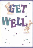 A whimsical illustrated get well card shows a cuddly teddy bear and a floppy-eared puppy working together to deliver a cheerful Get Well message, the way a thoughtful bouquet might brighten a bedside in Ilford. The white background is clean and open, like a freshly made hospital bed, making the bold, chunky letters of the phrase stand out in deep indigo, teal, and soft aqua tones. The bear perches playfully on top of the word GET, its rounded paws gripping the edge of the lettering, soft fur rendered in warm honey browns that suggest plush, comforting texture. Below, the puppy leans against the sturdy WELL, its velvety ears drooping in a way that feels both comic and tender, the gentle curves of its body adding a sense of friendly companionship. All around them, scattered star shapes in blues and purples burst like little sparks of hope, echoing the feeling of looking up at a clear evening sky over Valentines Park. The stars vary in size and intensity, some crisp and defined, others softly faded, giving the design depth and a sense of quiet movement. There is no clutter-just the characters, the big reassuring letters, and the stars-so the eye rests easily, much like the calm a simple vase of fresh flowers brings to a recovery room. The overall mood is lighthearted and reassuring, ideal for a child or an adult who needs a gentle reminder that people are rooting for them, whether they're recuperating at home in Ilford or recovering in a nearby clinic.