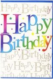 The image shows a striking birthday card whose front design captures the energy of a full-hearted celebration, like the buzz of family gatherings across Ilford on a special evening. At its centre, the words Happy Birthday sweep across in generous, bold lettering, each letter painted in a smooth gradient that travels through a rainbow of colours-glowing reds, warm oranges, yellows, greens, aquas and blues-creating a sense of joyful movement, as if the phrase itself were dancing like fireworks over Ilford's skyline. The colours blend without harsh edges, giving the letters a velvety, softly shaded appearance that suggests depth and care in the print. Behind this vivid phrase, the background is a light, creamy tone, completely covered with elegant golden script repeating Happy Birthday to you in looping, handwritten style. The gold looks delicately metallic, as though it might catch the light like reflections on the River Roding in late afternoon, giving the card a refined shimmer without overpowering the design. Scattered sparingly across the front are small, colourful dots and star-shaped flecks that echo the rainbow palette of the main text, adding a confetti-like sparkle and reinforcing the party atmosphere. The overall layout remains clean and balanced, with plenty of breathing space so each detail can be appreciated. The card feels modern yet warm, perfect to stand beside a vase of fresh birthday flowers delivered anywhere from Ilford Lane to Newbury Park. It conveys not just a simple wish, but the sense of a whole celebration condensed onto one beautifully crafted, uplifting birthday greeting.