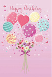 In this softly enchanting birthday illustration, a cluster of pastel balloons appears to float a dainty bouquet into the sky, as if drifting gently above bustling Cranbrook Road in Ilford. The background is a smooth blush-pink canvas, creating a calm, joyful atmosphere that lets every detail stand out. From the centre rises a playful mix of balloons in rose pink, sea green, lemon yellow, and lilac, each one decorated with unique patterns-twisting candy-like stripes, dancing polka dots, delicate floral prints, and swirling ribbons that suggest motion. A tender heart-shaped balloon glows at the core, sending out a quiet message of love and celebration. Below, a hand-tied cluster of fresh blooms sits neatly gathered, echoing the colours of the balloons: creamy ivory roses, blush-pink petals, and soft mauve or daisy-style blossoms with feather-light textures. The flowers look just-cut, as though selected from a trusted Ilford florist that morning, their imagined fragrance light, floral, and slightly sweet. A violet satin bow cinches the stems together, its sheen catching slivers of light just like the glossy balloon surfaces above. Scattered stars and tiny butterflies surround the arrangement, adding a hint of fairy-tale magic, like confetti sparkling in the air at a birthday party. The whole composition feels weightless and happy, capturing that special moment when a birthday card, flowers, and thoughtful wishes all come together to make someone in Ilford feel cherished on their day.