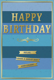 This sophisticated birthday card blends soothing blues and understated gold into a design that feels calm, polished, and quietly joyful, like a gentle celebration unfolding in an Ilford living room on a peaceful afternoon. The background is made up of wide horizontal stripes, each a slightly different blue-deep navy and twilight at the bottom, then moving upwards through denim, teal, and sea blue, finishing in lighter sky shades that suggest clear weather over nearby Valentines Park. These colours appear in soft, velvety layers, with no harsh edges, creating an ombre effect that invites the eye to travel slowly from top to bottom. Centered across this tranquil backdrop, the phrase HAPPY BIRTHDAY appears in prominent embossed gold letters, the metallic foil gleaming subtly as though catching shifting daylight. Directly below, a graceful, ornamental gold flourish curls across the card, adding a hint of vintage charm, like a motif from an old-fashioned letterpress design. Beneath the flourish, three slim, golden banners stretch horizontally, evenly spaced, each ribbon carrying a portion of the warm birthday wish: Relax, have a great day and enjoy! The banners look polished yet friendly, suggesting encouragement to slow down and savour the celebration. A fine gold border traces the outer edges of the card, enclosing the entire composition with a sense of balance and completion. You can easily picture this card standing next to a birthday bouquet on a table near Ilford Lane or Seven Kings, its serene blues complementing fresh flowers, its gold accents echoing candlelight, and its message offering not just congratulations, but a gentle reminder to pause, breathe, and truly enjoy the day.