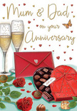 This illustrated anniversary card feels like a lovingly prepared scene set for parents in Ilford, just before a heartfelt toast begins. Against a soft, neutral background, two champagne flutes stand close enough that their slim stems almost touch, each glass filled with gentle golden fizz that catches the light in fine, sparkling lines. In front of them, two red roses are laid on the table, their petals full and plush, layered in shades of ruby and scarlet, their dark green leaves splayed naturally as if they were freshly trimmed from a bouquet arranged earlier in the day. To the side, a heart-shaped box in vibrant red sits invitingly open, its lid tipped back to show the generous bow still perfectly tied, while the inner tray neatly cradles a selection of chocolates. Their rounded shapes and rich brown tones suggest a variety of truffles and pralines, a quiet promise of sweet bites shared after dinner. A few chocolates rest on the surface nearby, making the scene feel lived-in and relaxed. Floating through the background, delicate gold and crimson hearts dance around subtle lettering, evoking sentiments for Mum & Dad that might echo through family homes from the streets near Valentines Park to quiet corners around South Park. At the foot of the composition, a bold red envelope lies ready to be opened, its presence hinting at a handwritten message filled with gratitude and love. Soft, warm light seems to wrap the entire arrangement, giving the glass a gentle shimmer and the roses a velvety depth, like a moment of celebration preserved in time-tender, joyful, and deeply rooted in the comfort of long-shared years.